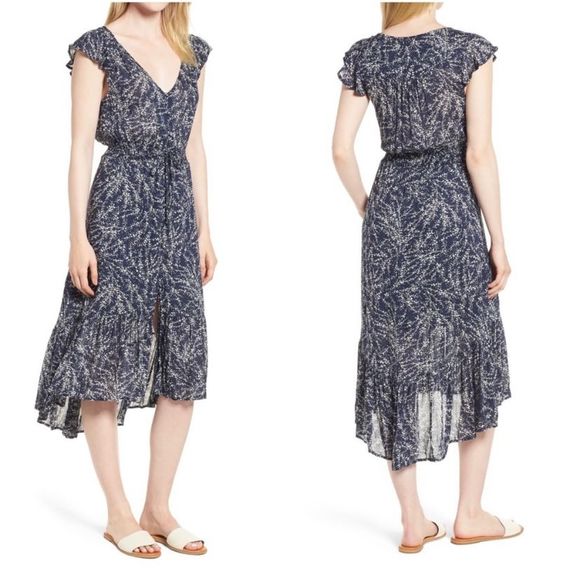 Lucky Brand Dresses & Skirts - Lucky Brand Felice Floral Midi Dress Navy Blue and Cream L Like New